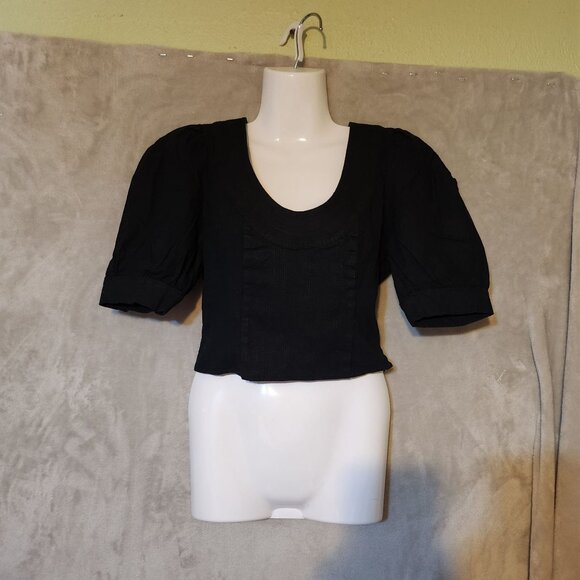 Anthropologie Black‎ Puff Sleeve Scoop Neck & Ruche Detail Sz XXS Linen Top - Picture 3 of 9